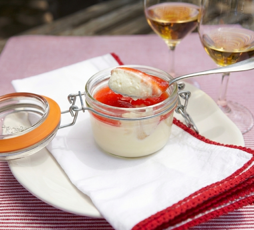 Goat Cheese cake on a spoon with wine